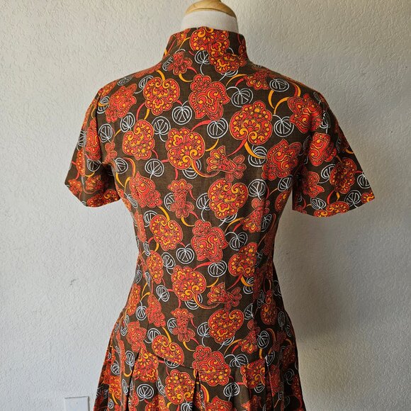 Vintage 60s 70s Dress Romper Skort Mod Retro Drop Waist Orange Brown Groovy S/M - Picture 10 of 12